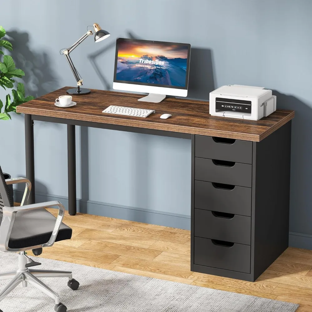 Computer Desk with 5 Drawers, 47 inches Rustic Brown Home Office Desk with Storage, Modern Simple Laptop Desk Study