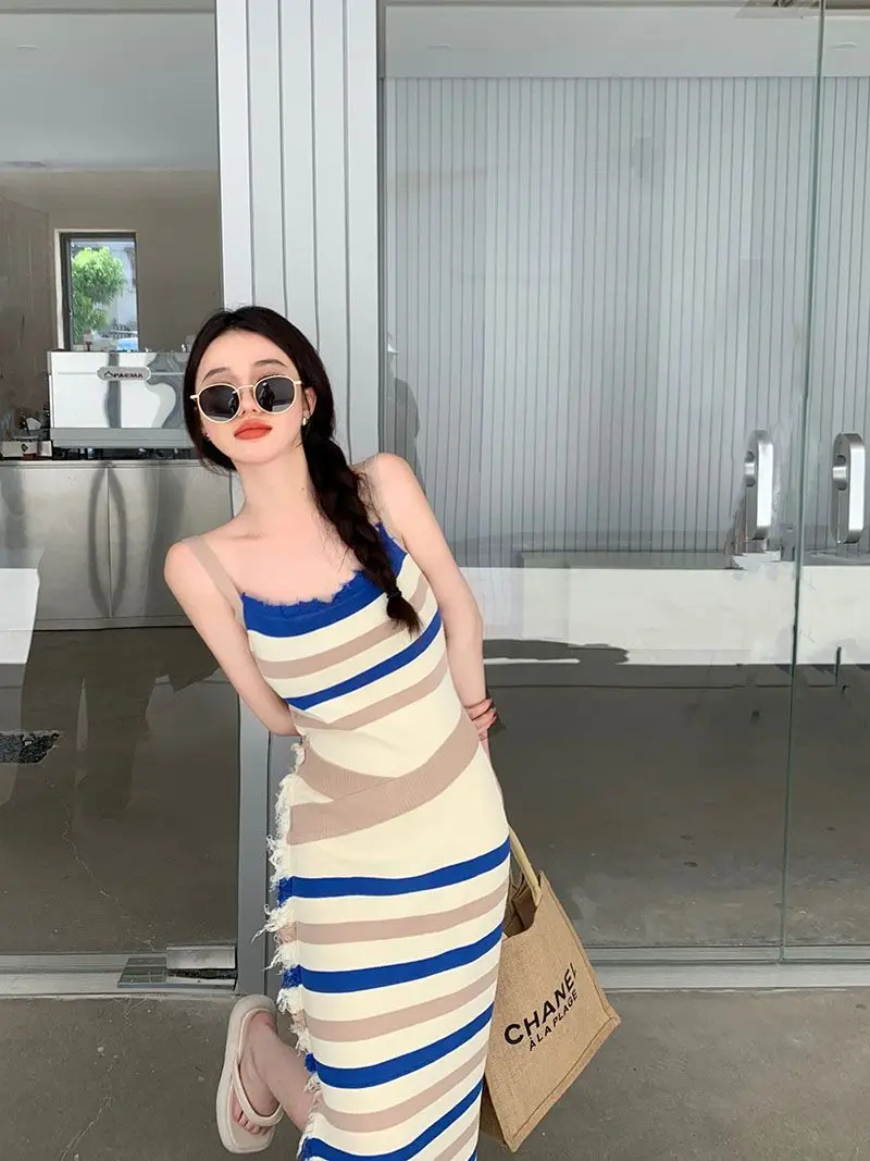 

Вязаное летнее женское платье без рукавов в стиле Харадзюку, с цветочным узором, ажурное, с разрезом, эластичное, для офиса, в стиле хиппи