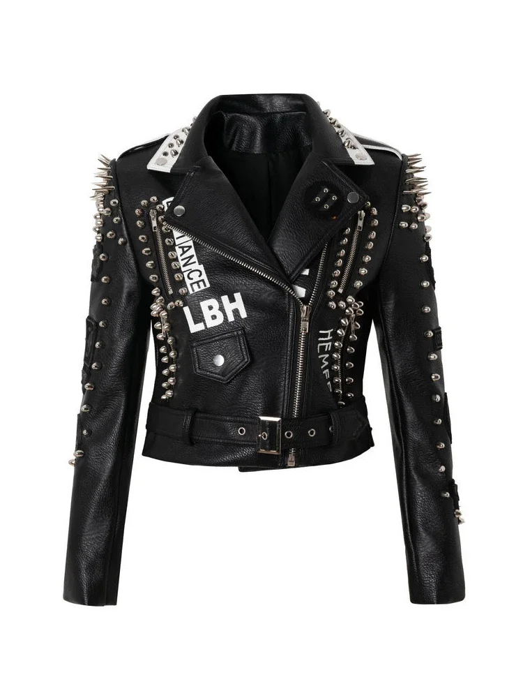 Punk Studded Leather Jacket Women 2024 Trend Punk Rock Style Streetwear Graffiti Print Black Faux Leather Cropped Jackets