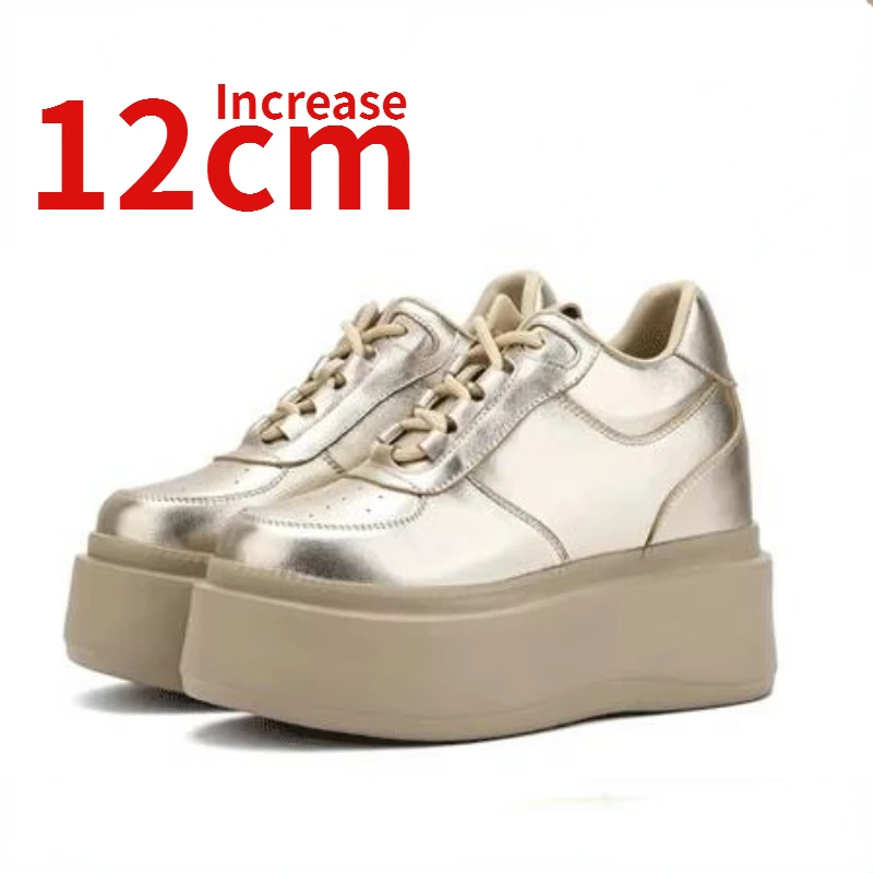 Genuine Leather Women's for Shoes Invisible Height Increased 14cm New Ultra Light Gold Thick Sole Casual Fashiona Elevated Shoes