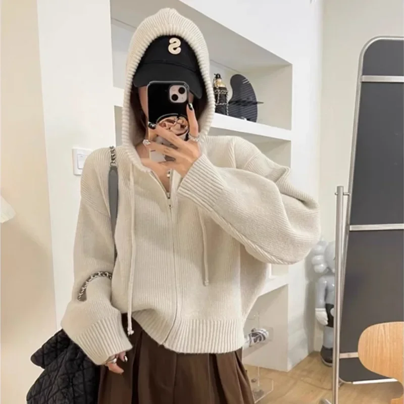 

Women Knit Cardigan Full Sleeve Hooded Splice Sweater Coat Solid Zipper Thick Casual Outwear Lady Jumpers Autumn Winter