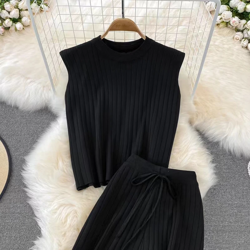 O-neck Tank Top Sleeveless Knitted Suit Two-Pieces Wide Leg Long Pant Drawstring Waist Trouser Sets Women Clothing Casual Simple