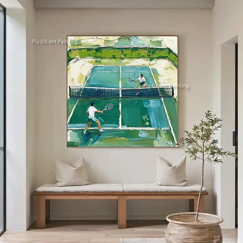 

Light Green And White People Playing Golf Balls Canvas Thick Wall Art New Original Hand Painted Blue Tennis Games Oil Painting