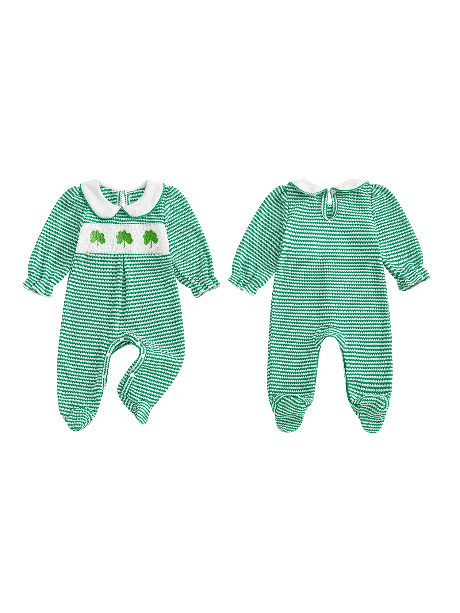 Adorables mamelucos para niña con mangas con volantes y bordado floral Mono con patas de primavera de algodón suave en rayas pastel