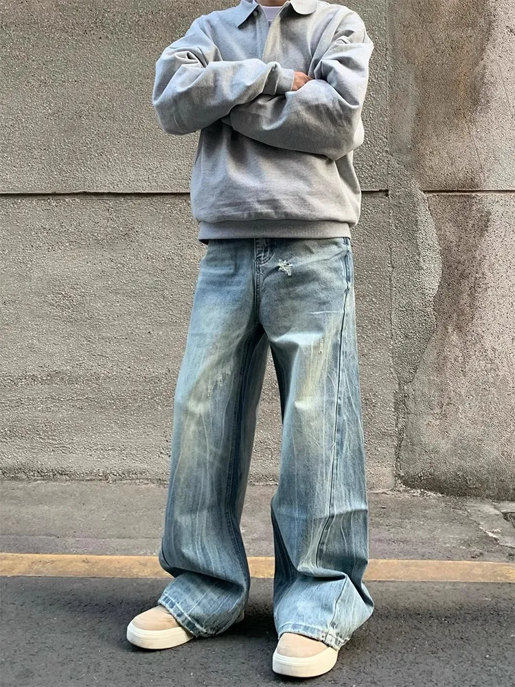 

Retro American Sle Men's Denim Jeans Hole Punch Wide Leg Straight Casual Pants Couple Leisure Faion mid Waist Long Trousers