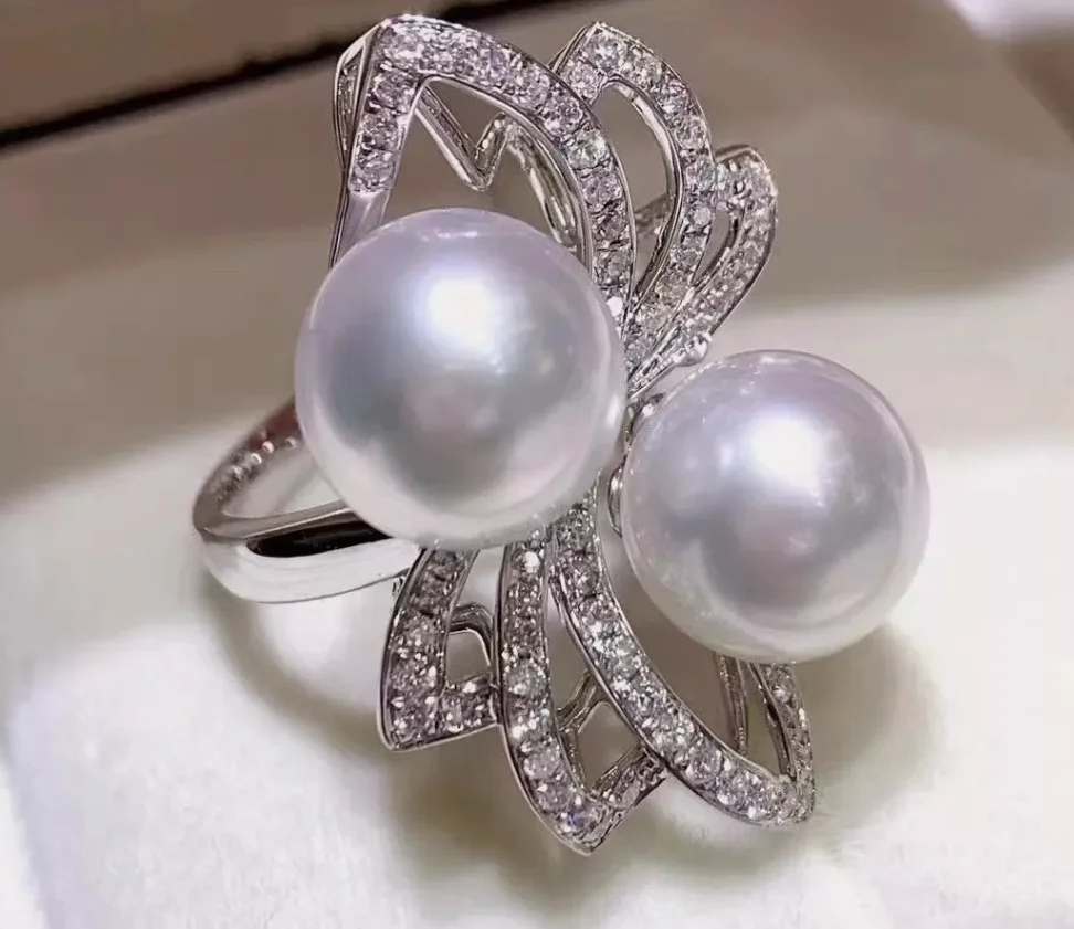 Gorgeous AAAAA 8-9mm Authentic South China Sea White Round Pearl Ring Ring Ring with Adjustable 925s