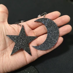 KUGUYS Asymmetrical Star Moon Drop Earrings for Women Black Glitter Acrylic Large Big Fashion Jewelry Trendy Accessories