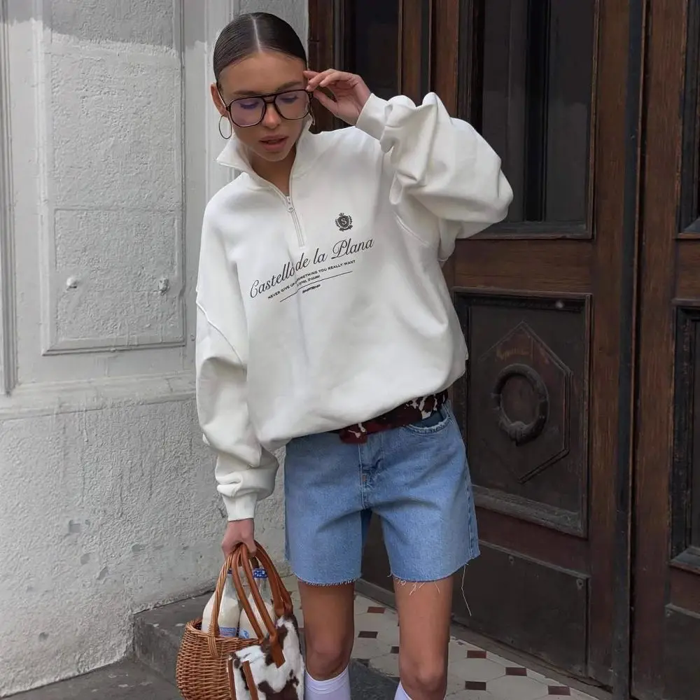 Sweat-shirt rétro style Preppy américain avec lettres imprimées, demi-fermeture éclair, col rabattu, chemises à revers, vin blanc, rouge, loisirs pour jeunes femmes