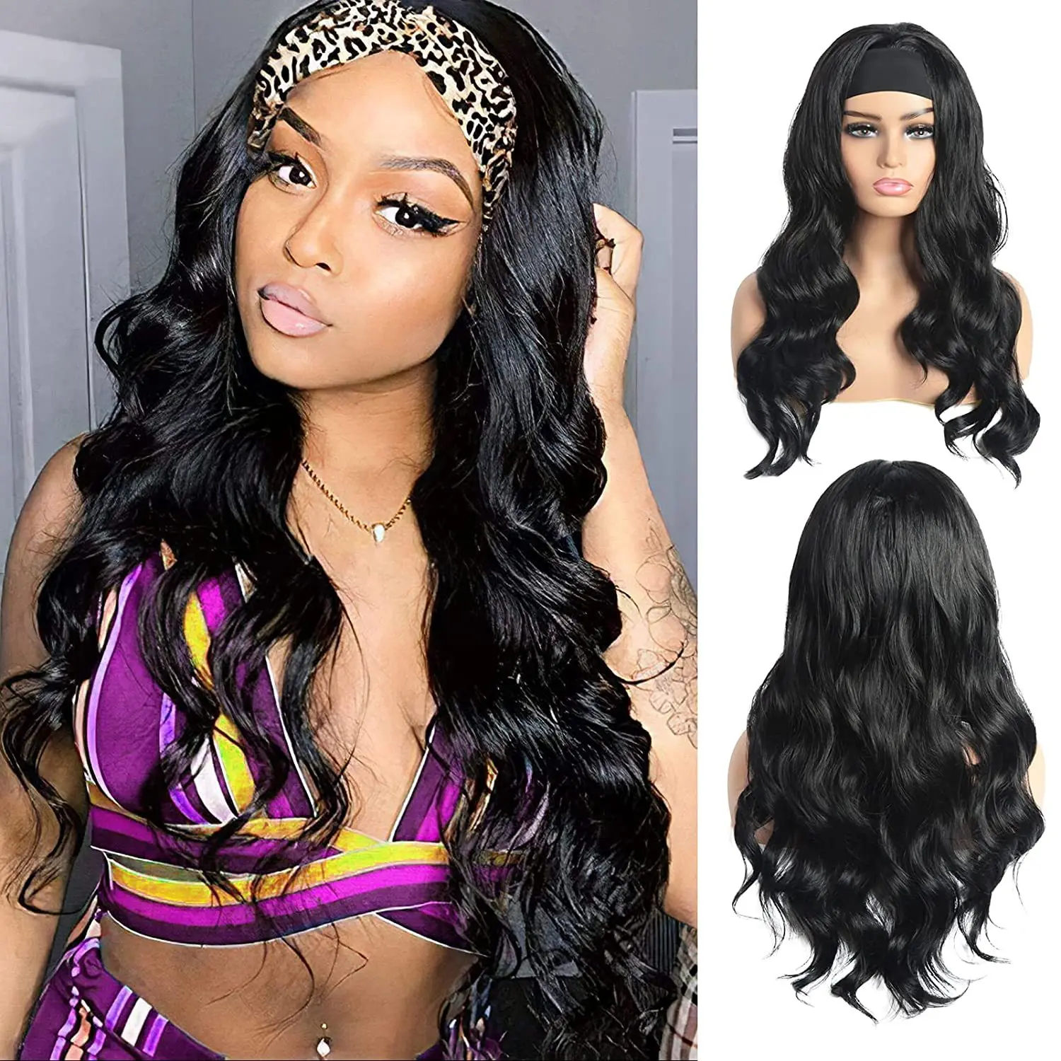 

Headscarf wig ice silk headband big wave long curly hair chemical fiber wigs