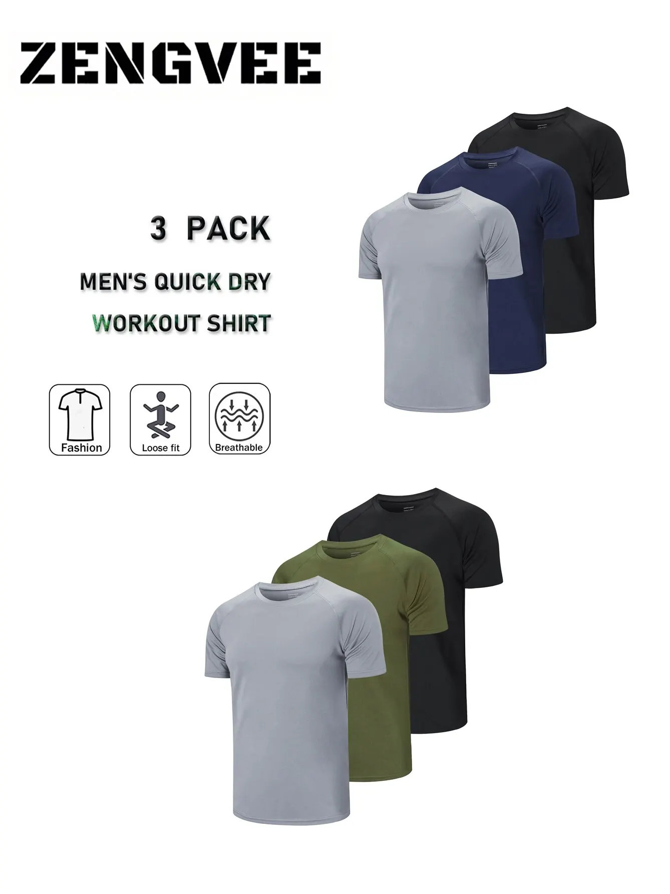 ZengVee 3 Pack Mens Running Shirts, Workout Tops Men Sport Fitness Shirts Gym Tops Men Crew Neck Breathable T-Shirt