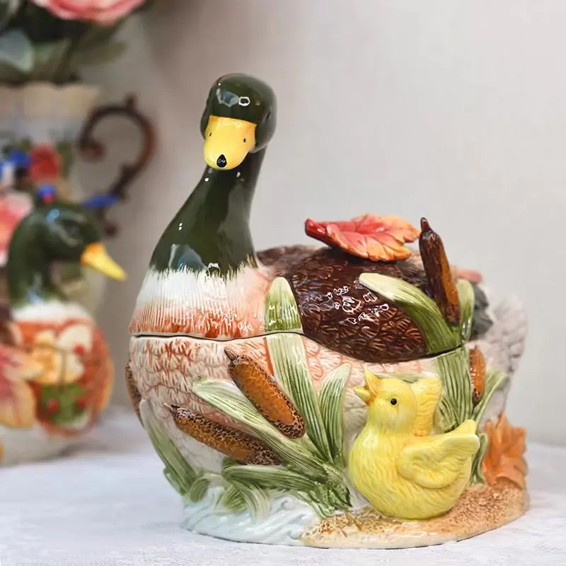 Ceramic Duck Candy Storage Jar, Home Decor, Living Room Tea Biscuit Jar, Dried Fruit Jar, Animal Kitchen Food Container Gift