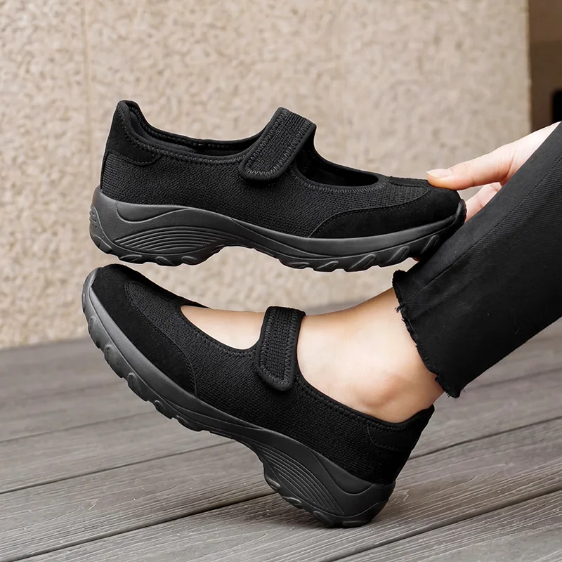 

Elderly Ladies Summer Breathable Mesh Slip On Walking Shoes Round Toe Flat Platform Light Comfort Wedge Casual Sneakers