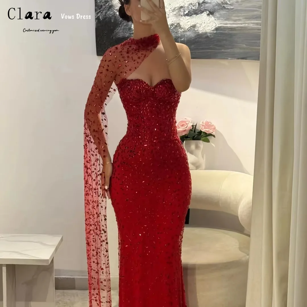 Clara personalizado lentejuelas rojas sin hombros diamantes de imitación vestido de baile para mujer vestidos largos elegantes vestidos de fiesta de noche vestido largo de graduación