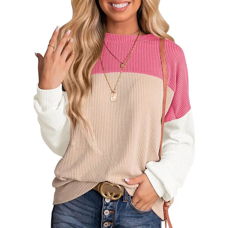 Women's Color Block Round Neck Regular Fit Sweatshirt Female Clothing Women's Winter Clothing Blouse Woman Clothes Soft Texture