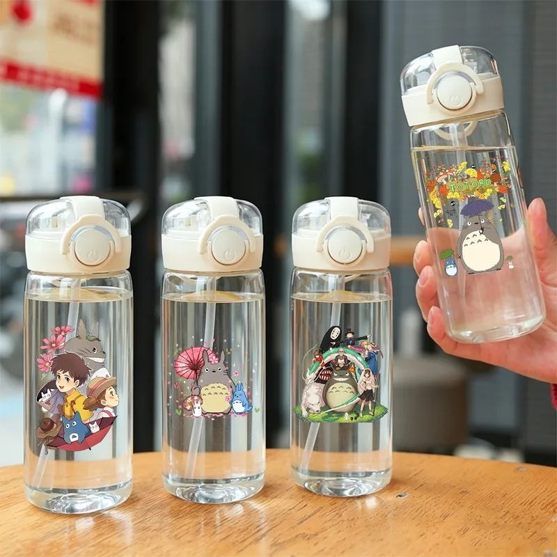 400ml Totoro Water Bottle with Straw Cartoon Anime Pattern Printed Cup Unisex Portable Sports Bottles Cute Cups Party Gifts New