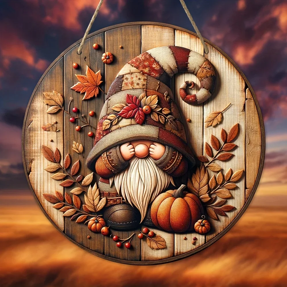 Thanksgiving Gnome Herbstkranz Dekor Vintage Kürbisschild, 7,9 Zoll hergestelltes Holz-Hofschild, Mehrzweck-Wandbehang