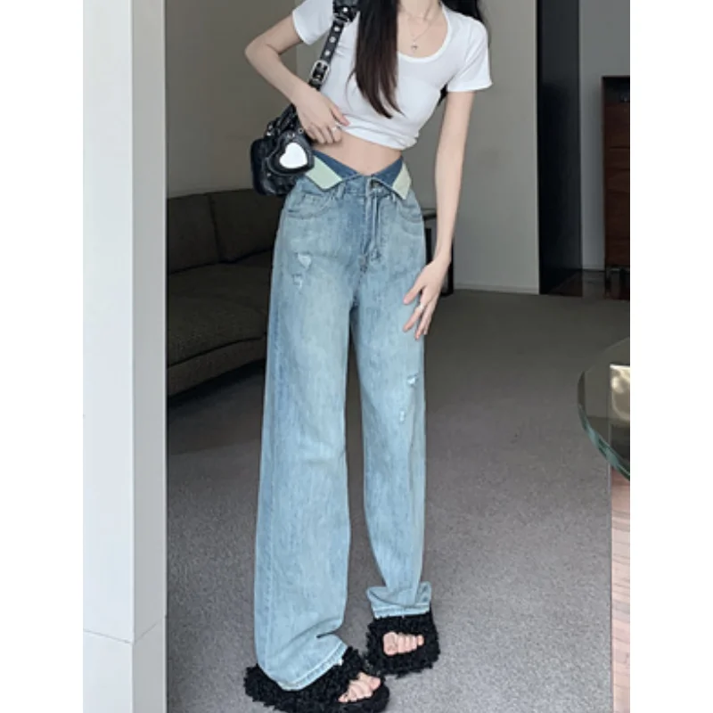 

Light Blue Perforated Women' High Waisted Straight Leg Jeans Women Street Retro Summer Fashion Design Cuffed Wide Leg Long Pants