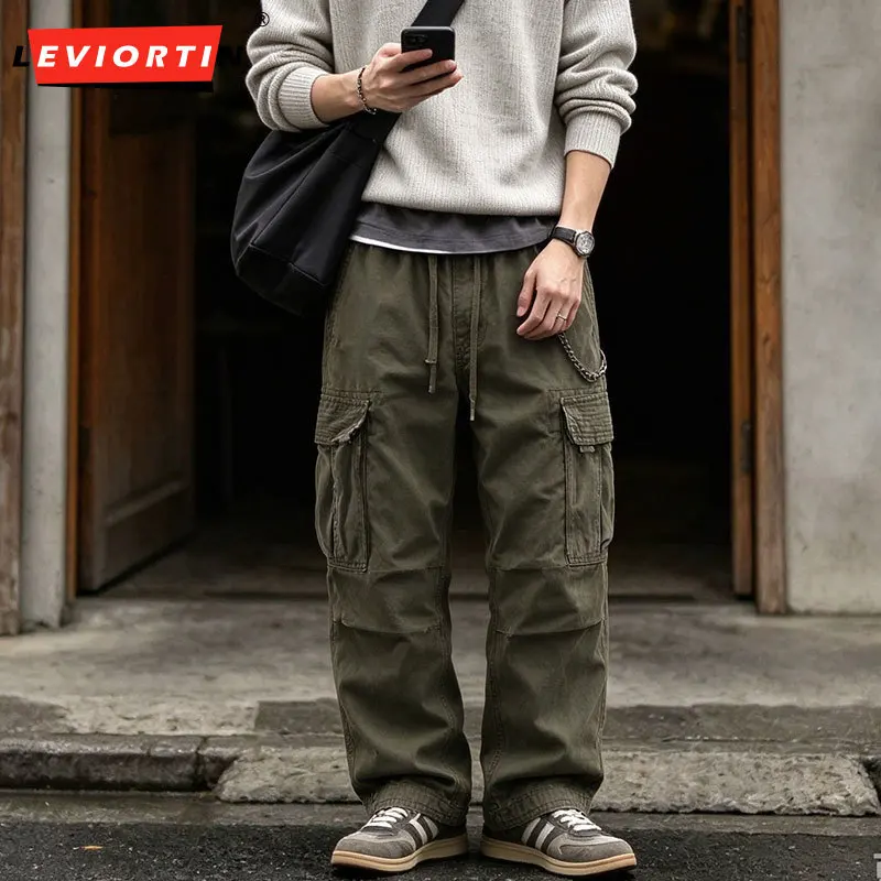 Men's Vintage Cargo Pants With Multi-Pocket Wash Cotton Comfortable Loose Straight Leg Drawstring Outdoor Jogger Trousers