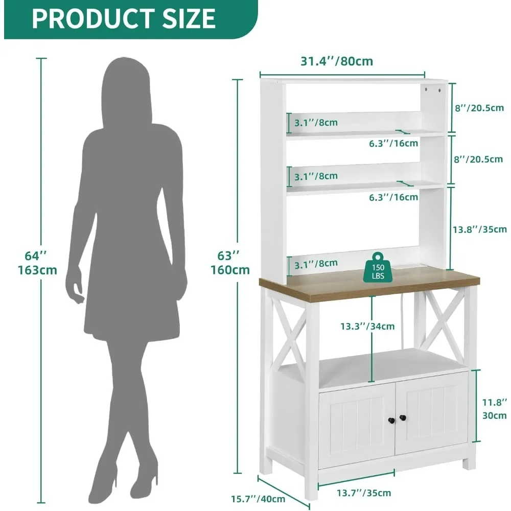 Kitchen Cabinet, Microwave Stand Bakers Rack , Kitchen Pantry Hutch Tall w Door Power Outlet Thickened Counter, Cabinets Kitchen