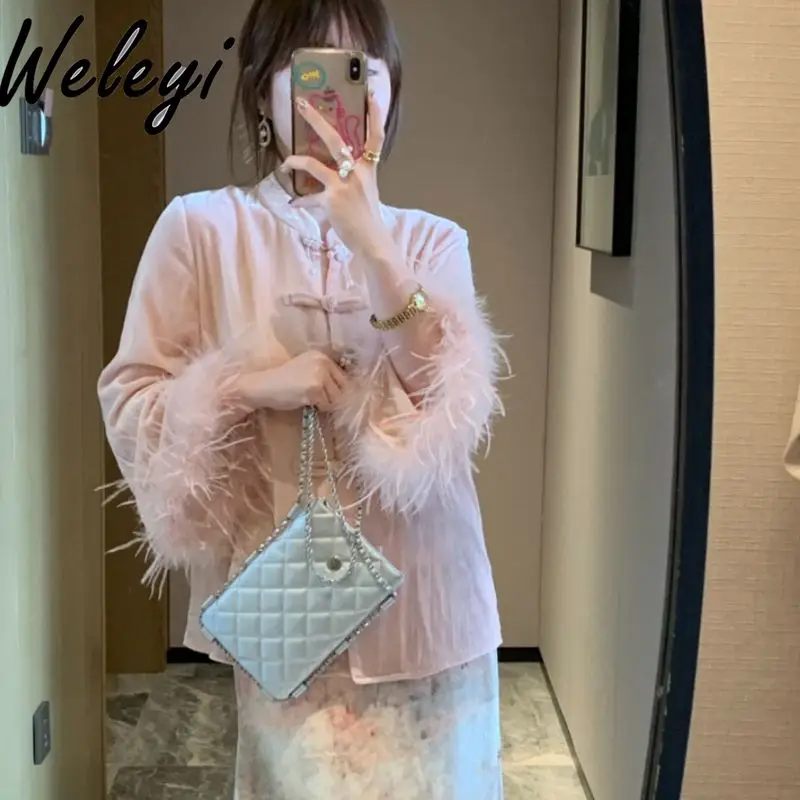 New Chinese Style Woman Velvet Feather Pink Button Shirt Ladies 2024 New Large Size Elegant Women's Long Sleeve Blouse Female