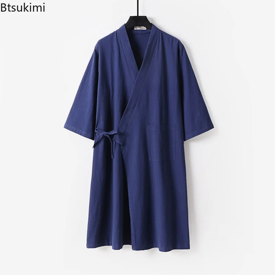 New 2025 Kimono Robe Men's Cotton and Linen Crepe Bathrobe Kimono Robes for Men Casual Loose Solid Color Short Sleeved Robe Male