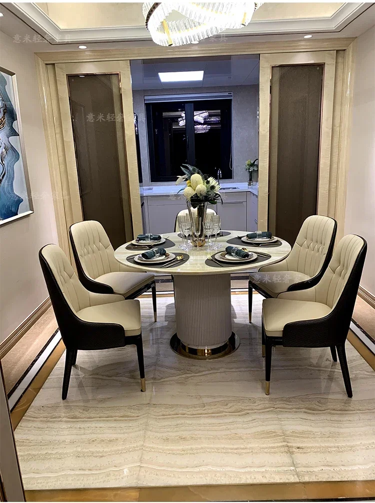 Post-modern light luxury dining table and chair Round marble dining table luxury villa large floor restaurant furniture