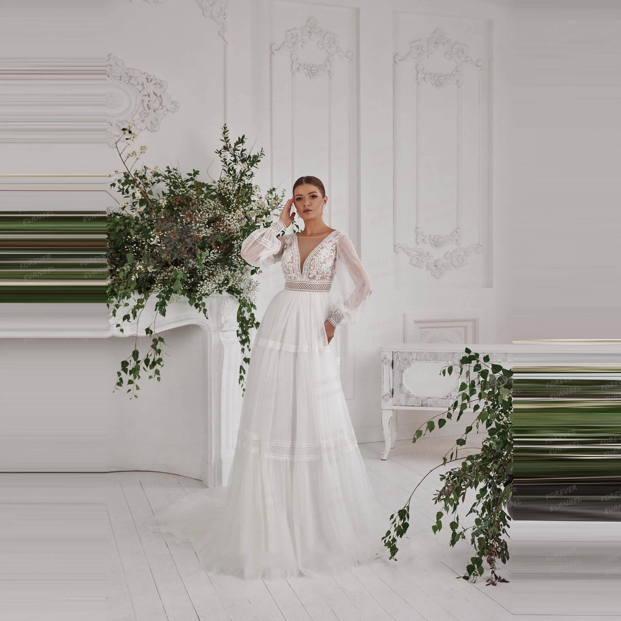 

Classic A Line Wedding Dresses Woman's Sexy Appliques V Neck Long Sleeve Bride Gowns Tulle Princess Vestidos De Novia Customized