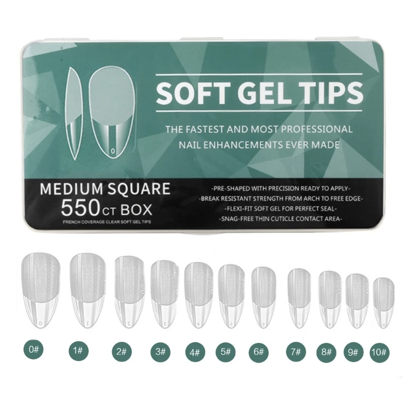 E1YE Soft Gel Tips Clear Full Cover Extensions Pre-shaped Acrylic False Gelly Tips for DIY Home-Salon