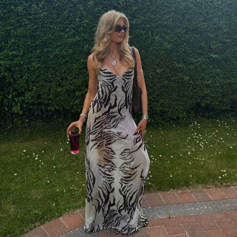 Sexy Trendy Women\'s Long Dress V-neck Spaghetti Strap Zebra Print Slim Vacation Party Casual Skirt 2026 NEW Summer Lady Vestido