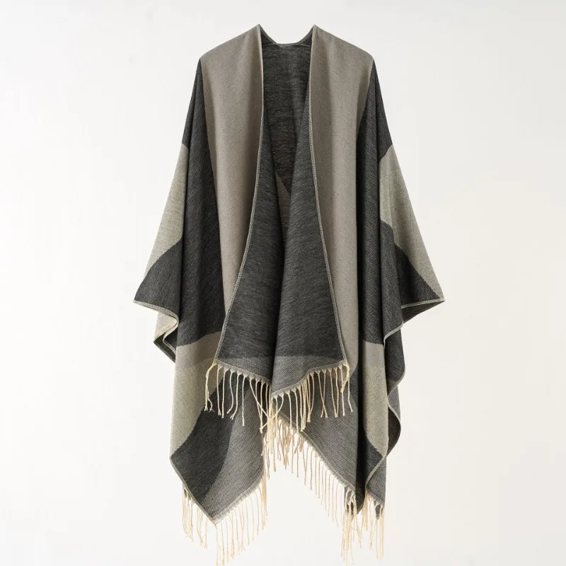 Women European American Geometric Color Block Tassel Poncho Open Front Cape Wrap Shawl Retro Stylish Blanket Shawl