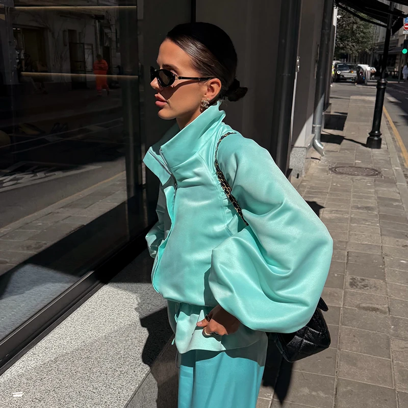 Übergroße, taillenbetonte, glänzende Oberflächenmäntel für Damen, Street-Style, Stehkragen, Laternenärmel, einfarbige, lockere Jacken, schicke Oberbekleidung – Detail 20