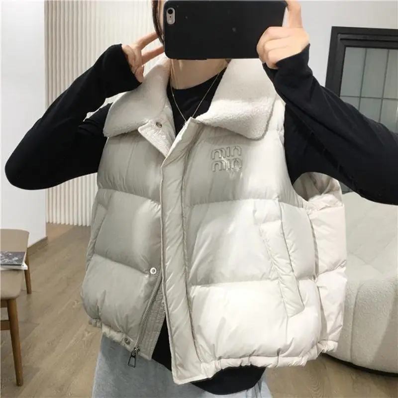 

New Women's Fashion Down Cotton Vest Autumn Winter Warm Padded Waistcoat Female Korean Loose Fleece Lapel Vest Jacket Outerwear