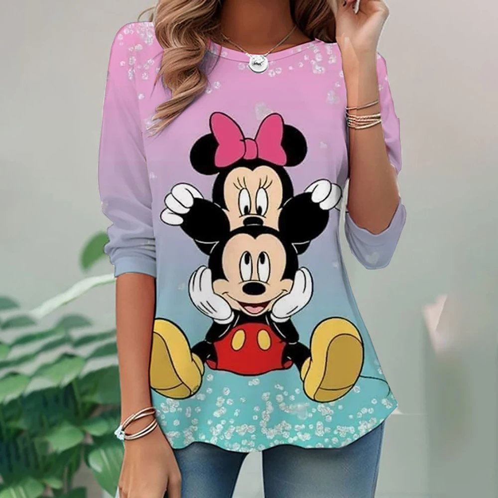 Women's Disney Mickey Mouse print T-shirt Funny pattern long sleeve T-shirt Loose cotton pullover Visual deviation long sleeve