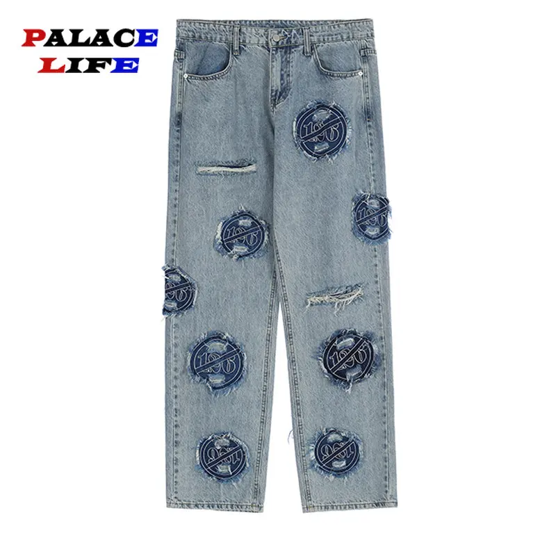 

High Street Men's Pants Vibe Style Washed Rockmore Jean Baggy Vintage Y2K Clothes Straight Denim Embroidery Holes Trousers