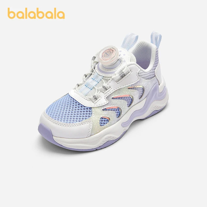 Balabala Kids Shoes Girls Children Sports Shoes Breathable Shoes 2024 Summer Running Shoes Rotating Buckle Mesh Upper