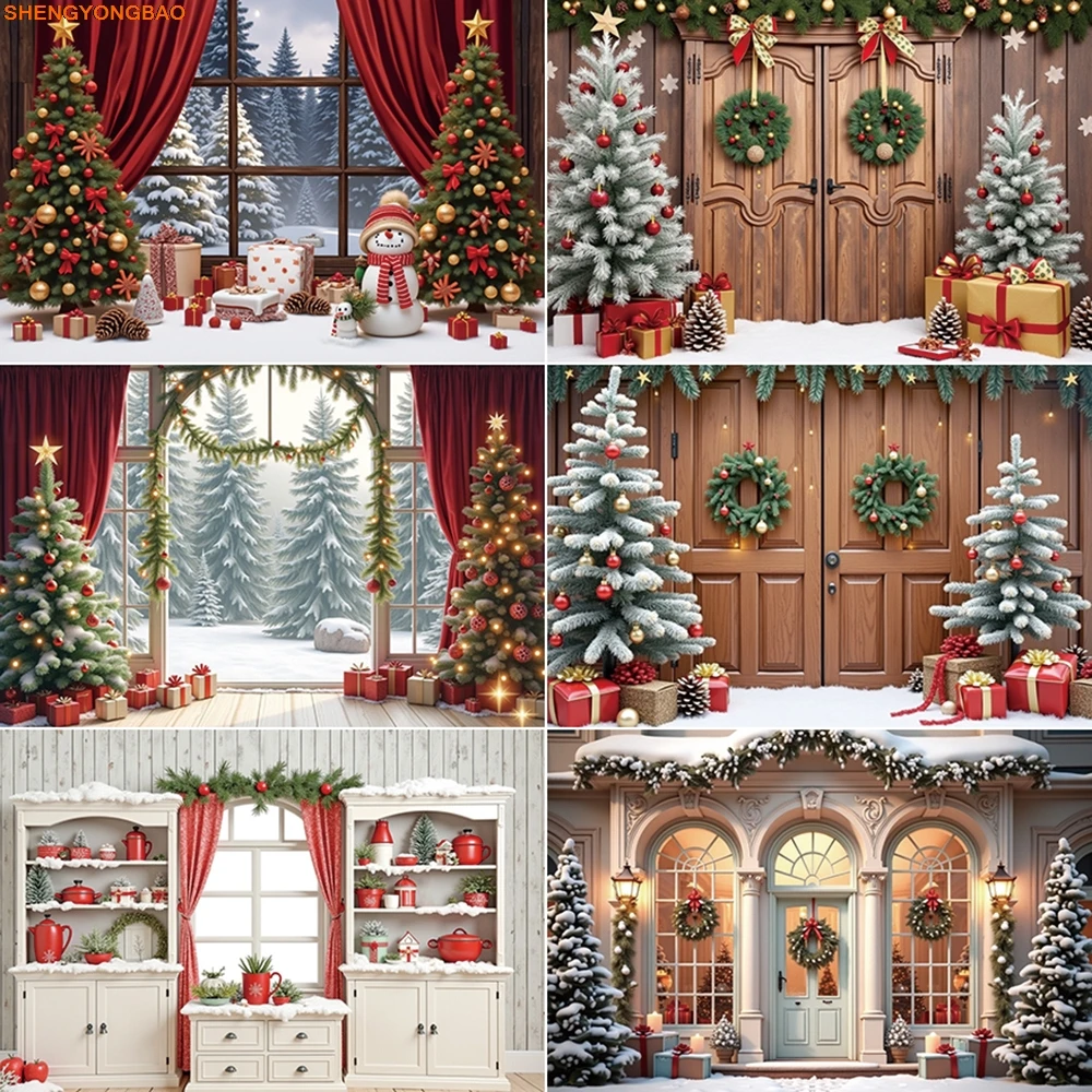 

2025 Christmas Photography Backdrop New Year Xmas Tree Window Photozone Background Children Studio Photozone Accessories