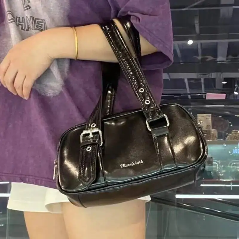Bloom Black Shoulder Bags Women New High Street Pu Leather Casual Y2k Handbag Female Vintage Square Underarm Bag Purse