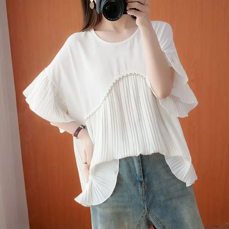 Women Ruffled Lace Patchwork Black White Oversized Blouses Summer Trendy Round Neck Short Sleeve Shirts Simple Casual Tops Ropa