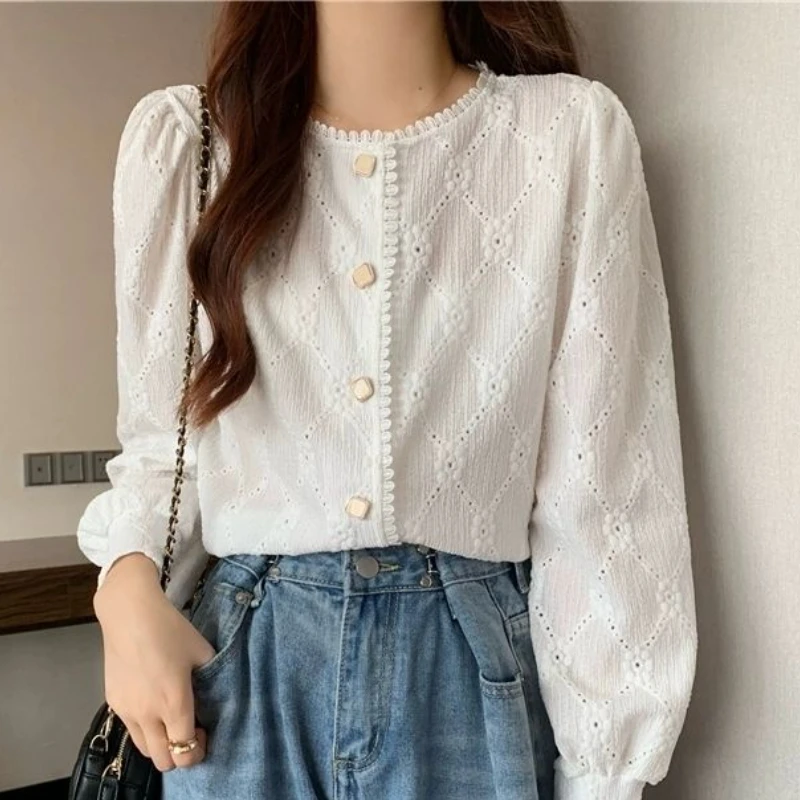 Shirts Women Vintage Elegant Lace Design Female Spring Casual O-neck Literary Trendy Korean Style Daily All-match Graceful Solid