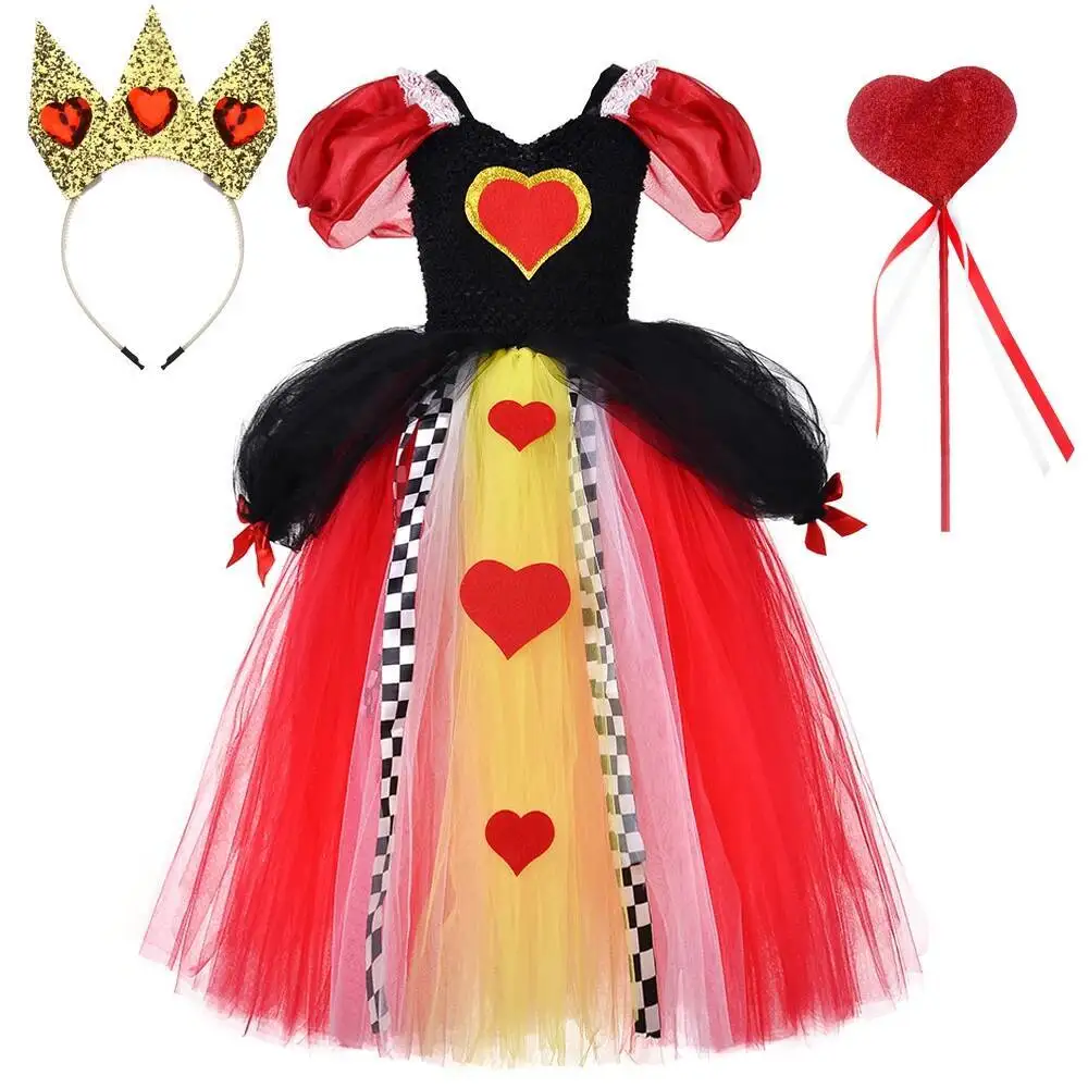 

Red Queen of Hearts Long Costumes for Girls Christmas Halloween Full Length Tutu Dress with Puff Sleeves Crown Kids Party Outfit