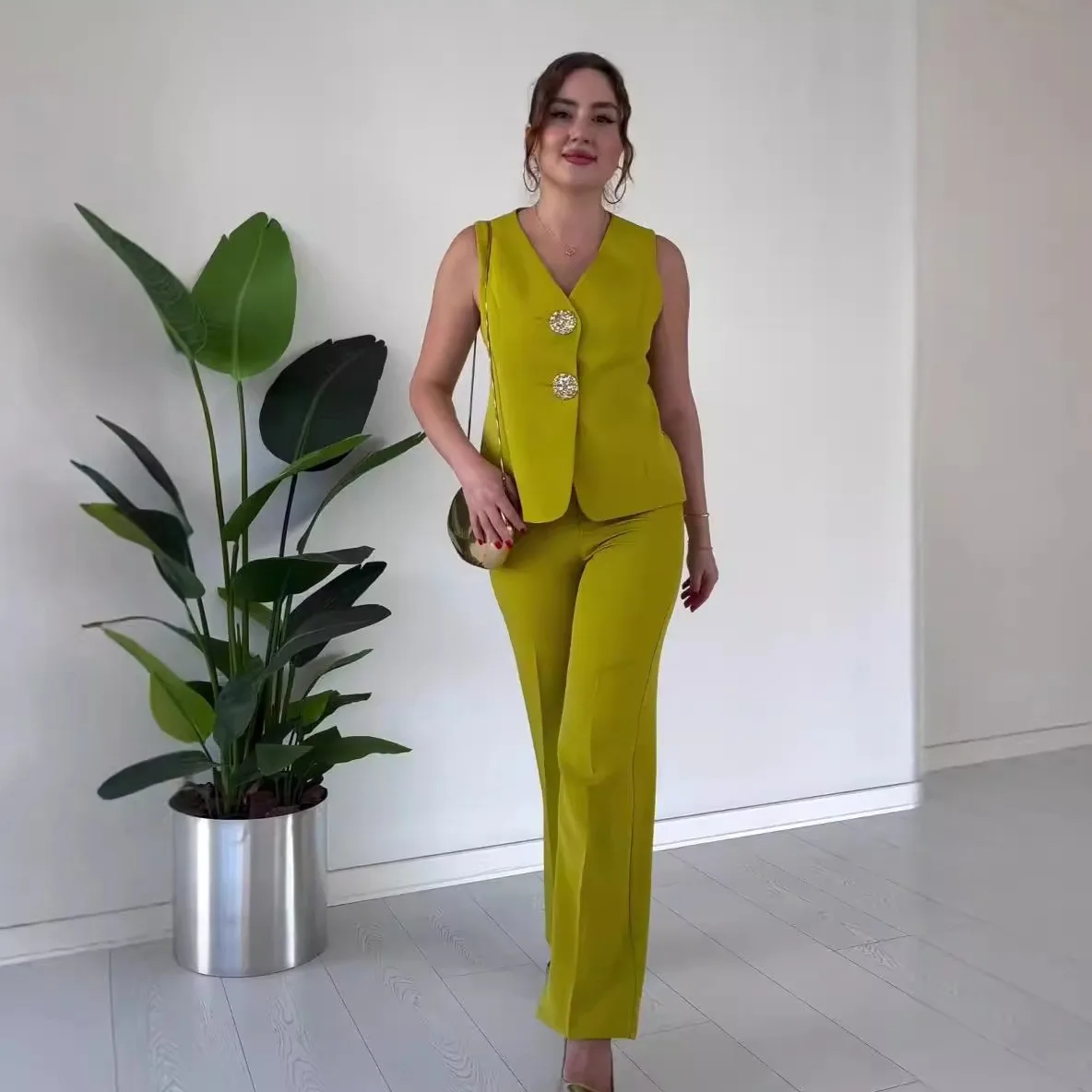 캐주얼 통근 여성 정장 세련된 솔리드 컬러 v 넥 민소매 싱글 브레스트 조끼 탑 하이 웨이스트 와이드 레그 팬츠 세트