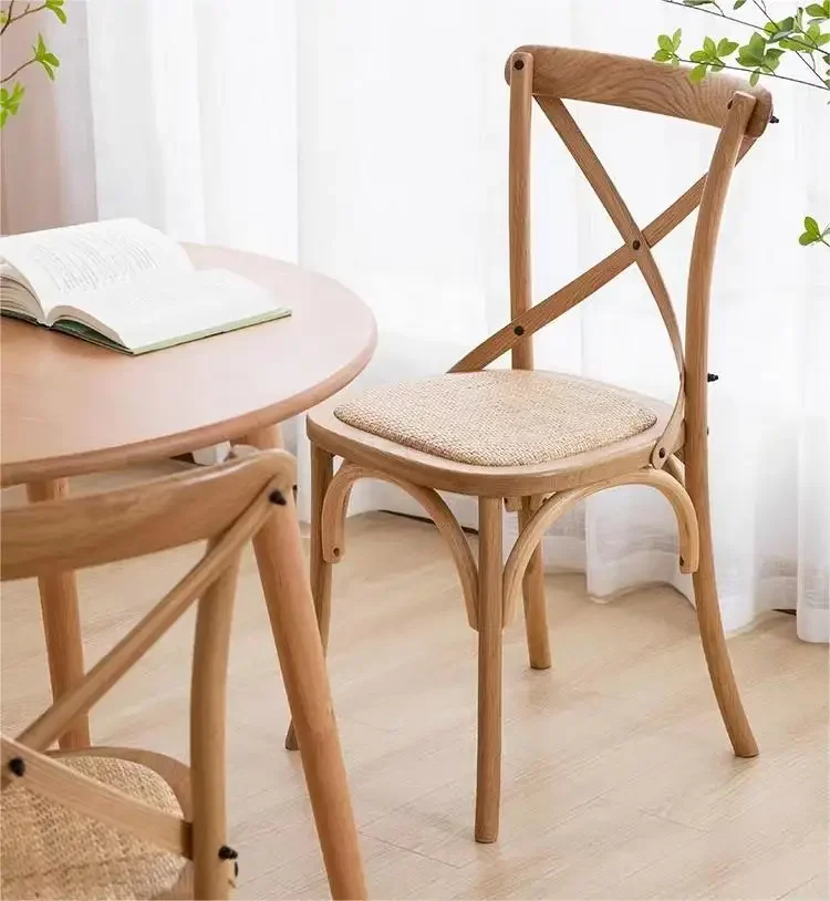 Japanese retro solid wood frame fork back chair rattan upholstered soft cushion dining room restaurant chair