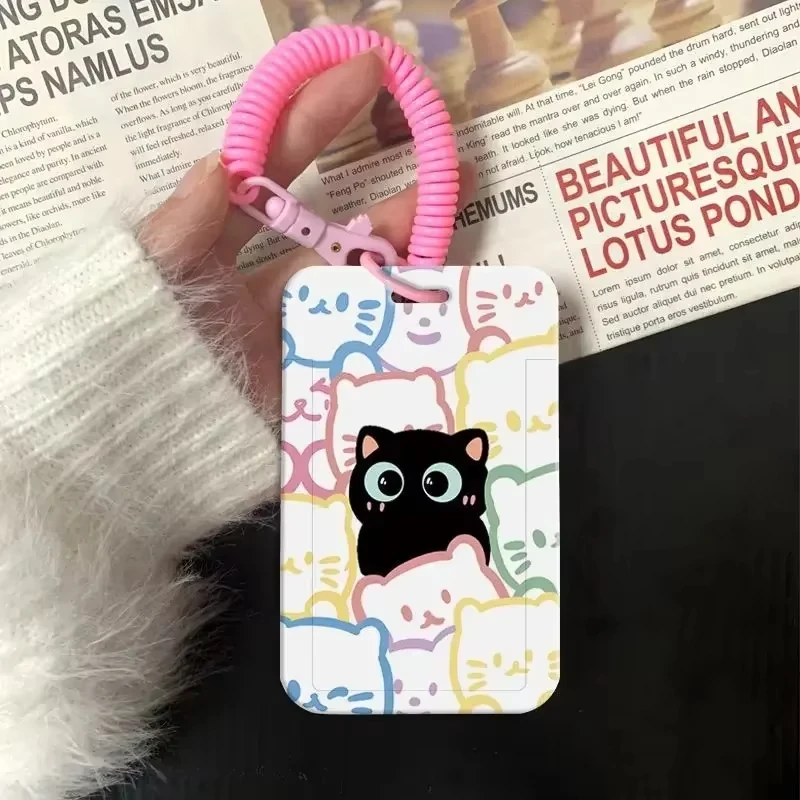 حافظة حامل بطاقات على شكل قطة كرتونية مضحكة للنساء على الموضة الكورية Kawaii Kpop ID حامل بطاقات الصور المحمول حامل بطاقة العامل الحبل