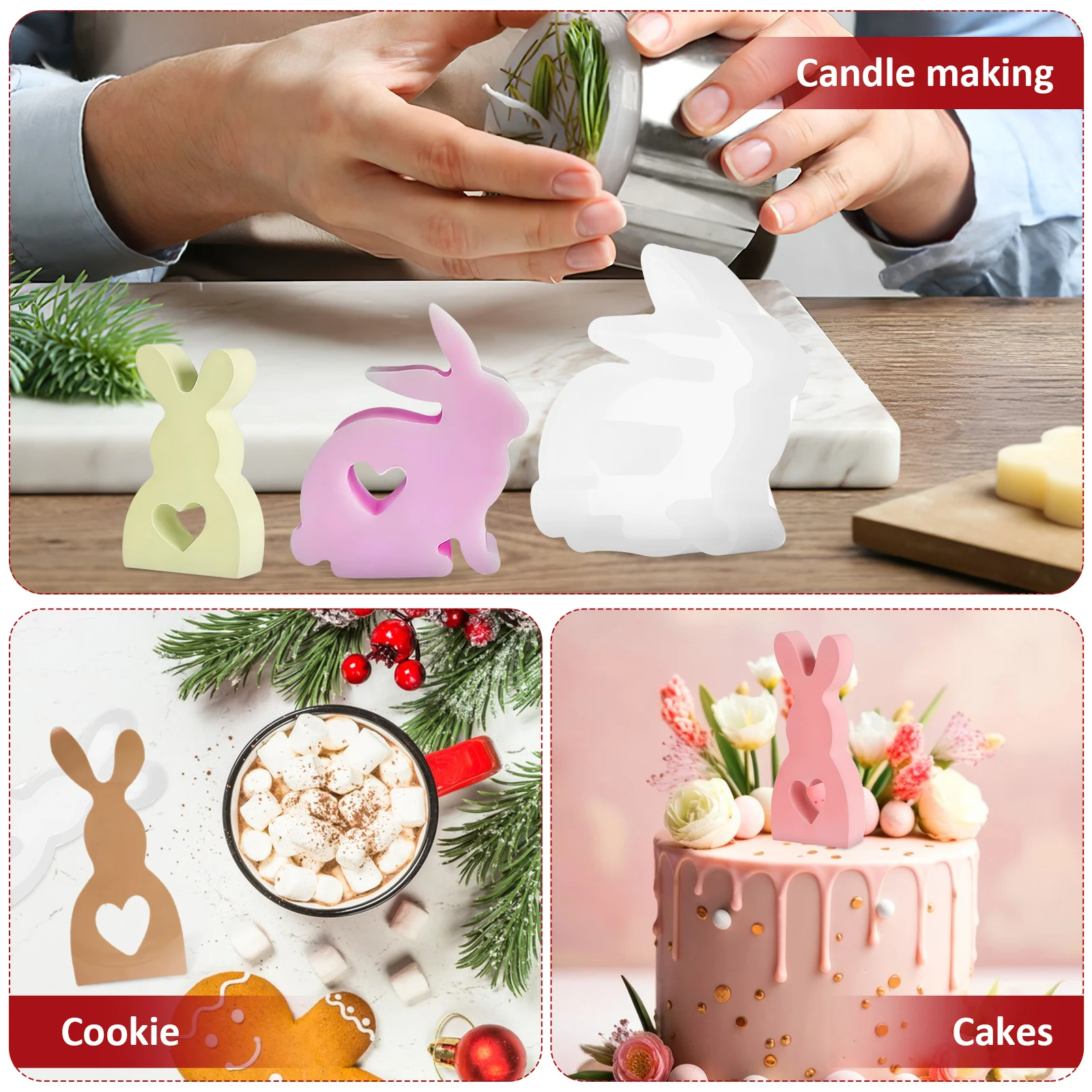 

3 Pcs Heart Rabbit Mold Cute Adjustable Cookie Chocolate Fondant Silica Gel Bunny Shaped Candy Easter Treats DIY Hardware