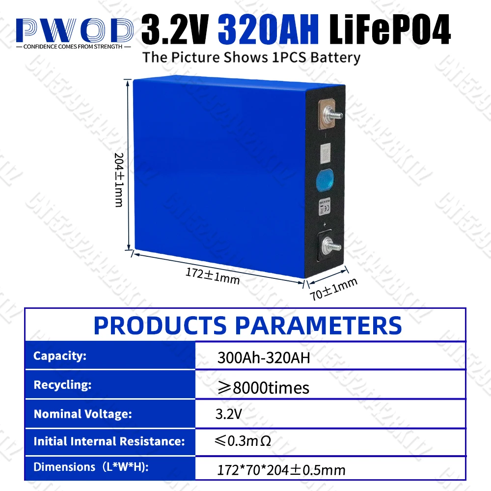 PWOD EU Lagerbestand 320AH LiFePO4 Batterie 3.2V Klasse A 12V 24V 48V Lithium-Eisenphosphat-Zelle Wiederaufladbare prismatische Zelle für Wohnmobile und Camping