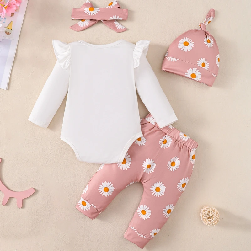 Baby Clothing Girl Fall Winter Long Sleeve Ribbed Romper Pants Headband Hat Set Newborn Preemie Clothes