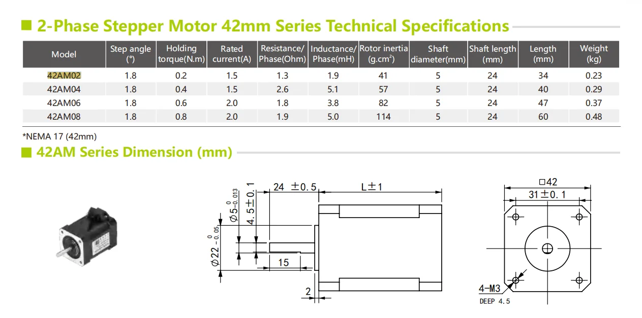 Rtelligent 5 PCS 4 Lead Nema 17 42AM02/42AM04/42AM06/42AM08 Stepper Motor for 3D Printer