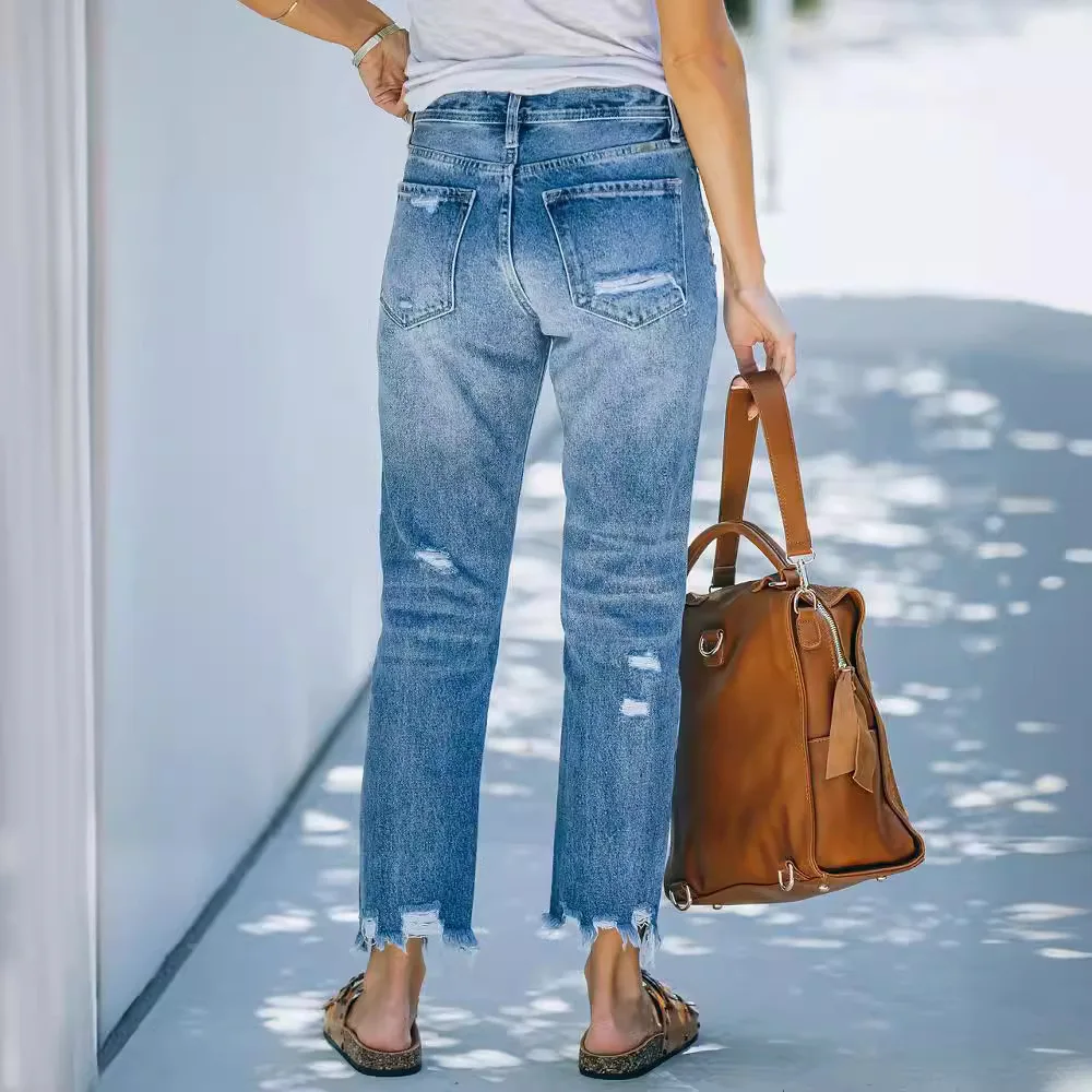 

Women's Casual Straight Leg Blue Jeans Distred Waed Nine-Tenths Length Ci Sle Summer Faion No Brand Registered Tra...
