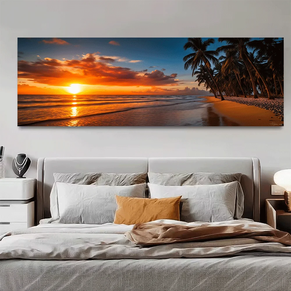 1 Stück Leinwand-Poster, ungerahmt, tropischer Sonnenuntergang, Strand, Palmen, Ozean, Himmel, Kunst, Leinwanddruck, Wanddekoration, Heimdekoration, Sommer