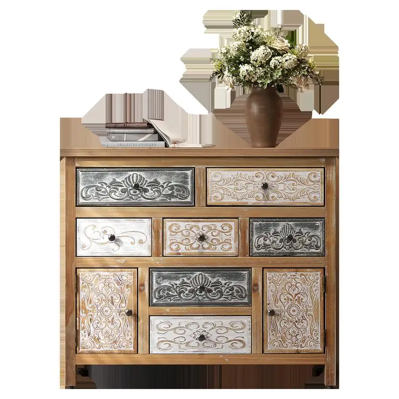 빈티지 나무 장식장, 7개의 서랍과 2개의 캐비닛, 거실, 침실용 다채로운 색상의 조각 장식 수납장